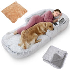 Large foldable human-size plush dog bed with pillow, blanket, washable removable cover, grey