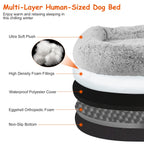 Large foldable human-size plush dog bed with pillow, blanket, washable removable cover, grey