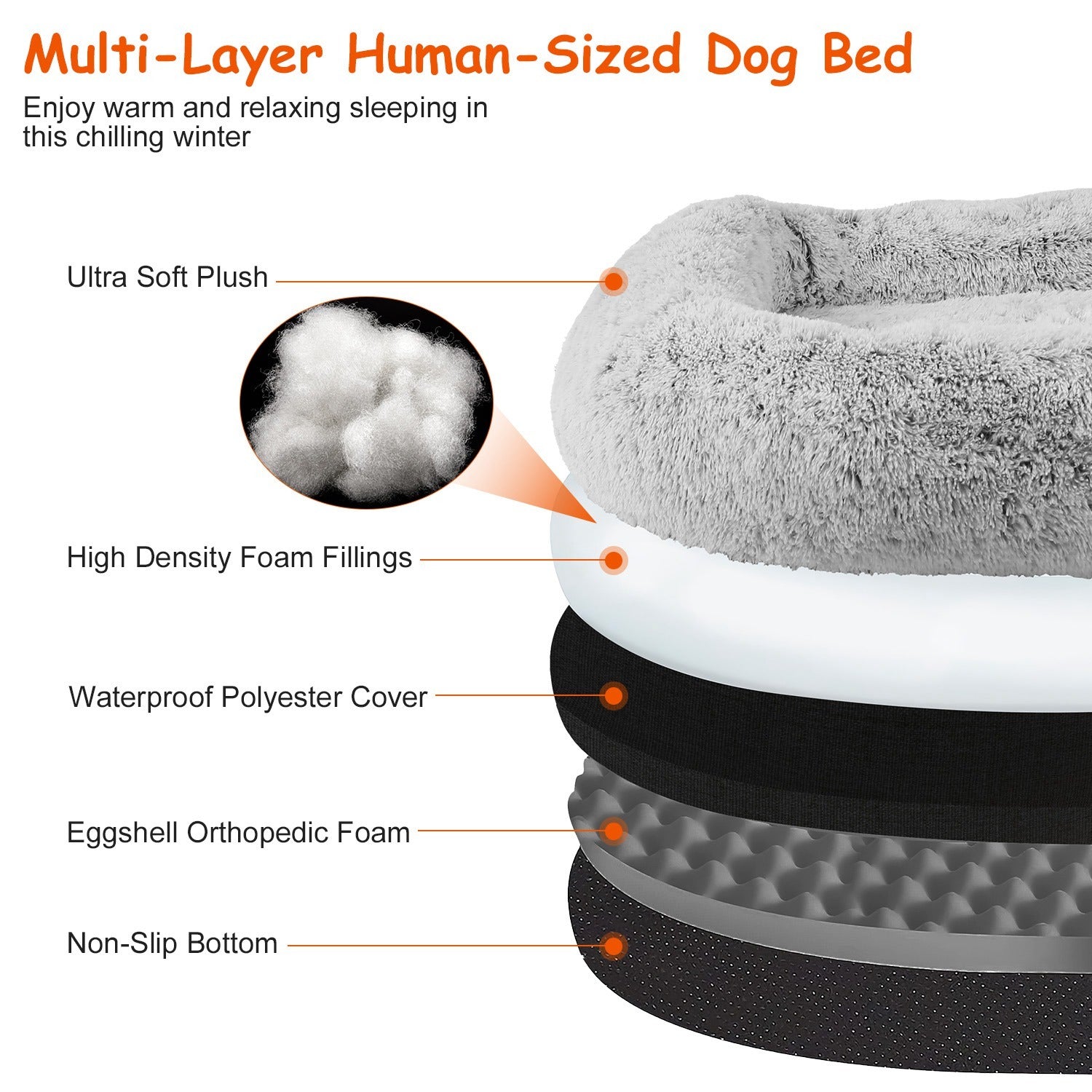 Large foldable human-size plush dog bed with pillow, blanket, washable removable cover, grey
