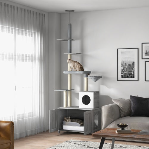 2 In 1 Floor To Ceiling Cat Tower Litter Box Furniture With Condo, Bed, Hammock, Scratching Posts, And Platforms For Indoor Use