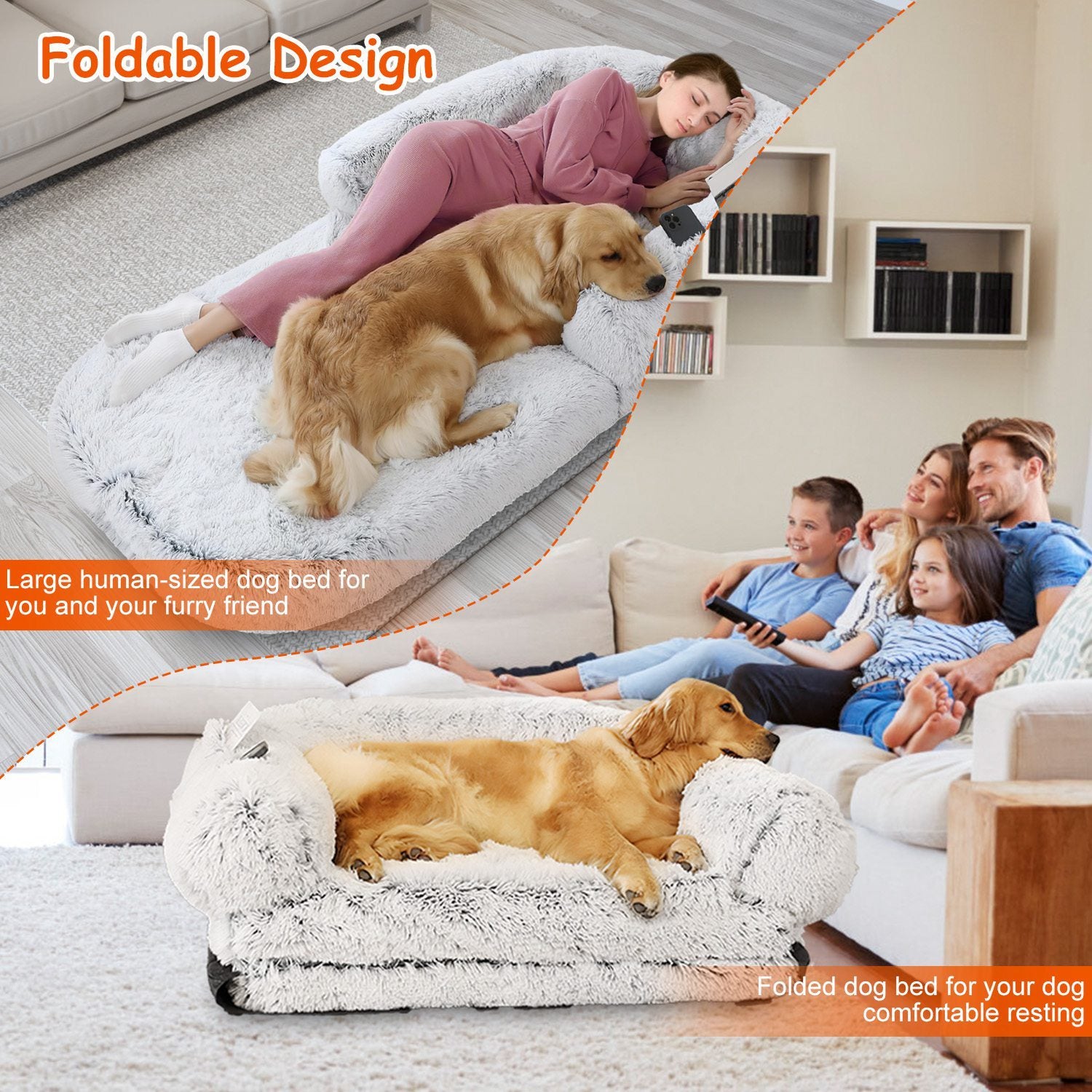 Large foldable human-size plush dog bed with pillow, blanket, washable removable cover, grey