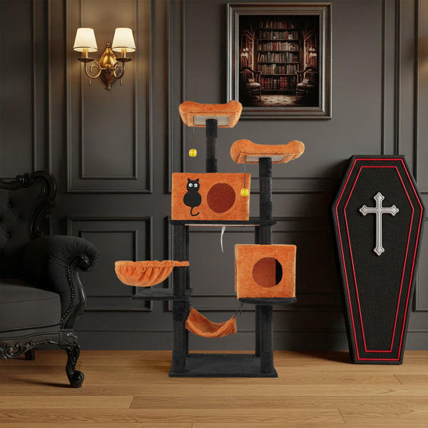 Large Halloween Cat Tower with Perches, Hammocks, and Scratching Posts
