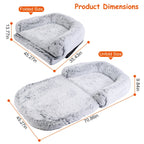 Large foldable human-size plush dog bed with pillow, blanket, washable removable cover, grey