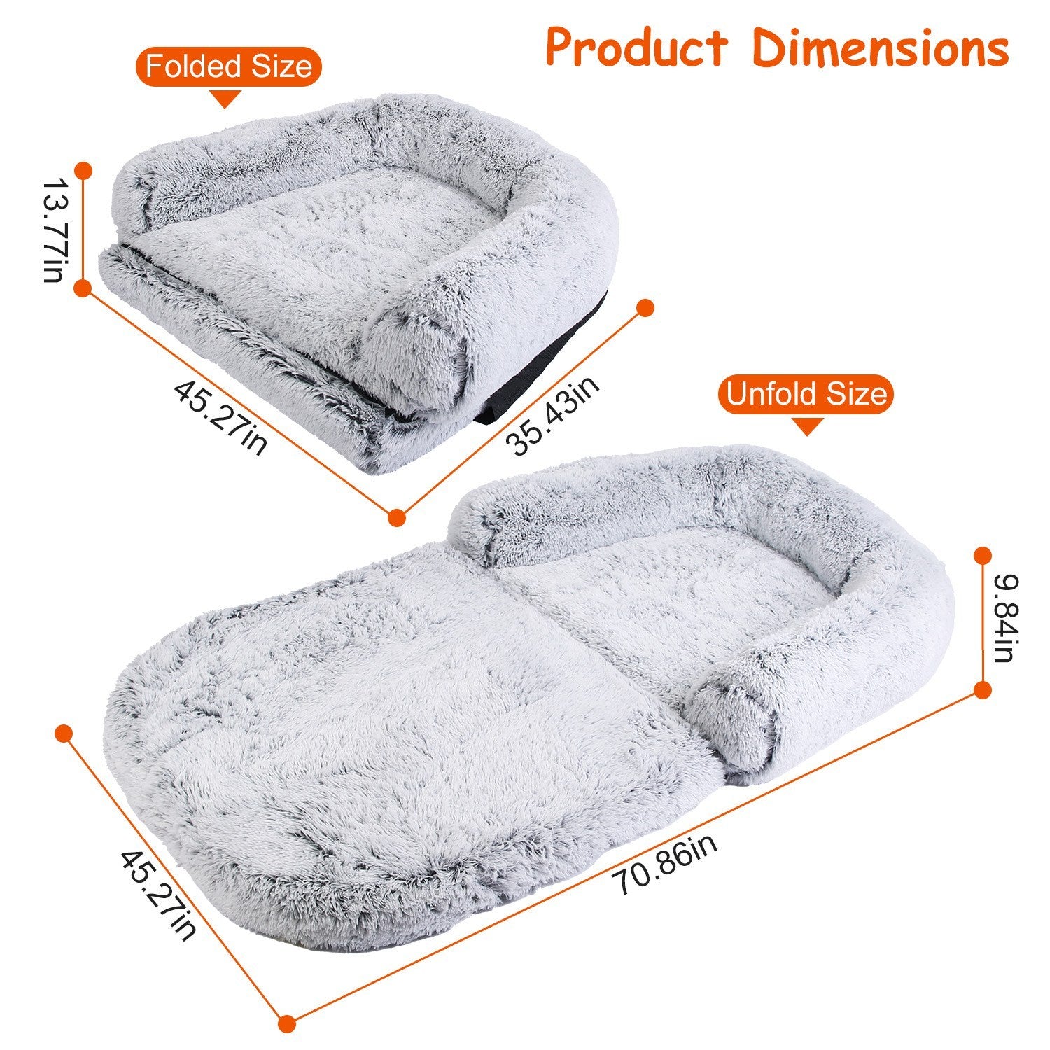 Large foldable human-size plush dog bed with pillow, blanket, washable removable cover, grey