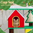 56in Christmas plush cat tree with condos, crown perch, ramp and scratching posts