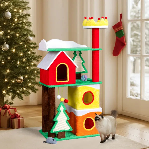 56in Christmas plush cat tree with condos, crown perch, ramp and scratching posts
