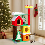 56in Christmas plush cat tree with condos, crown perch, ramp and scratching posts