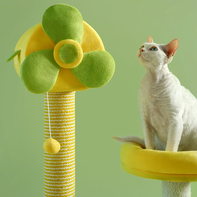 Cat climbing frame with durable scratch posts, plush platforms, hammocks, toys, and removable gel pads