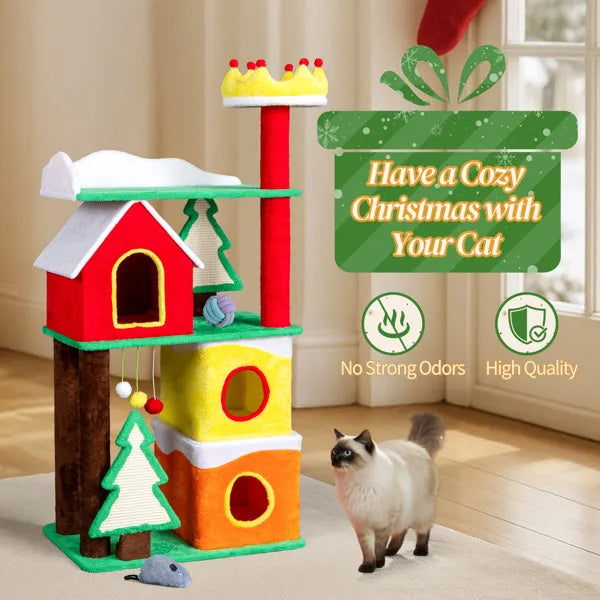56in Christmas plush cat tree with condos, crown perch, ramp and scratching posts