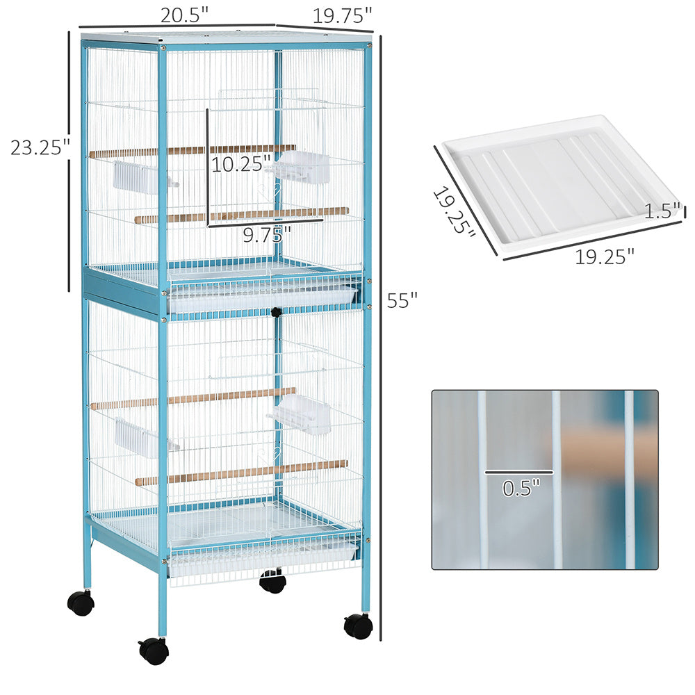 55inch 2 In 1 Bird Cage Aviary Parakeet House For Finches, Budgies With Wheels, Light Blue