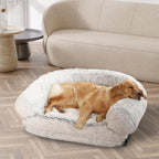 Large foldable human-size plush dog bed with pillow, blanket, washable removable cover, grey