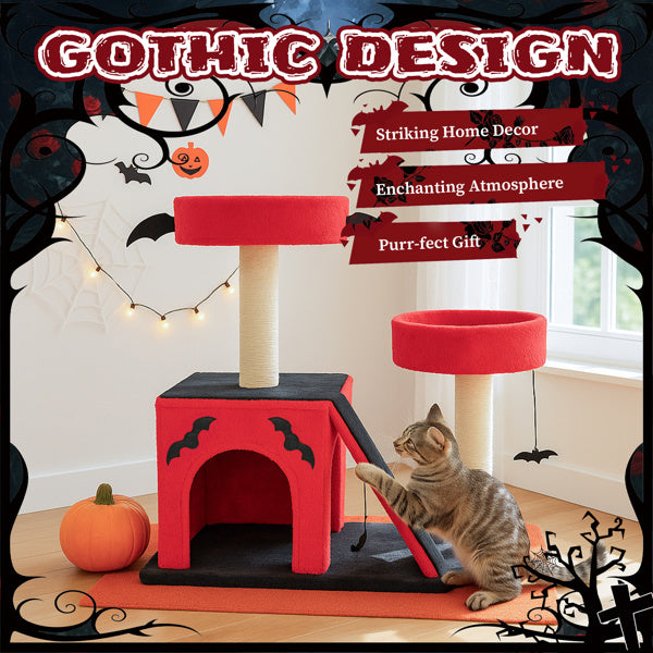 Red Black Gothic Cat Tower with Condo and Spider Toy