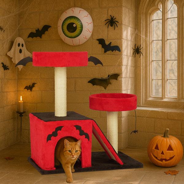 Red Black Gothic Cat Tower with Condo and Spider Toy