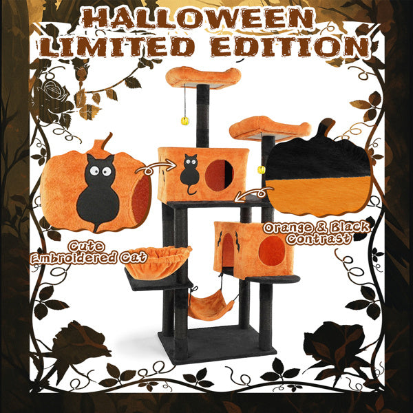 Large Halloween Cat Tower with Perches, Hammocks, and Scratching Posts