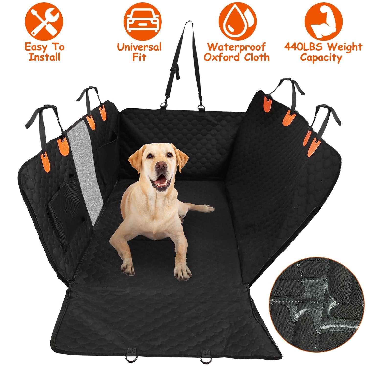 600D Waterproof Dog Car Seat Cover – Back Seat Protector with Side Flaps