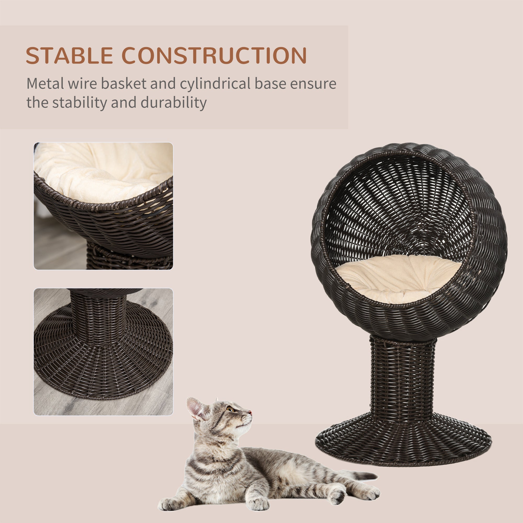 27 Elevated Cat Bed Rotatable Egg Chair Pod Thick Cushion Natural Mat Grass Woven Coffee