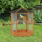 69 Large Wooden Bird Aviary Hexagonal Outdoor Aviary Flight Bird Cage With Covered Roof, Brown