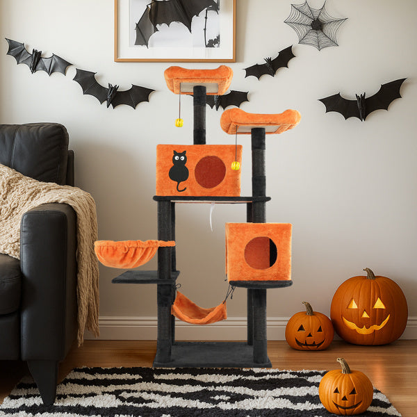 Large Halloween Cat Tower with Perches, Hammocks, and Scratching Posts