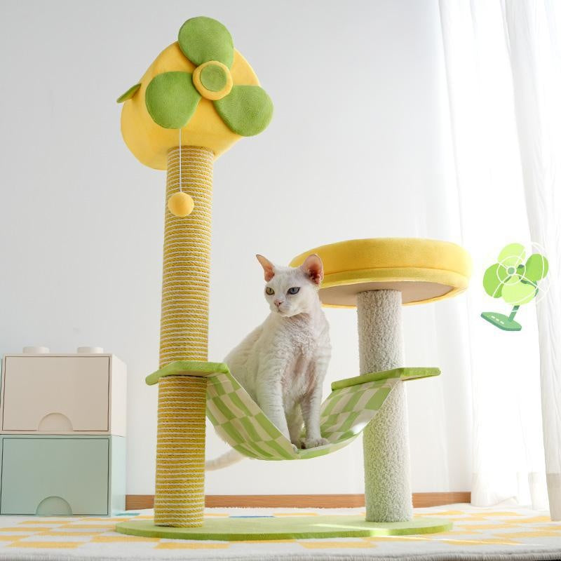 Cat climbing frame with durable scratch posts, plush platforms, hammocks, toys, and removable gel pads