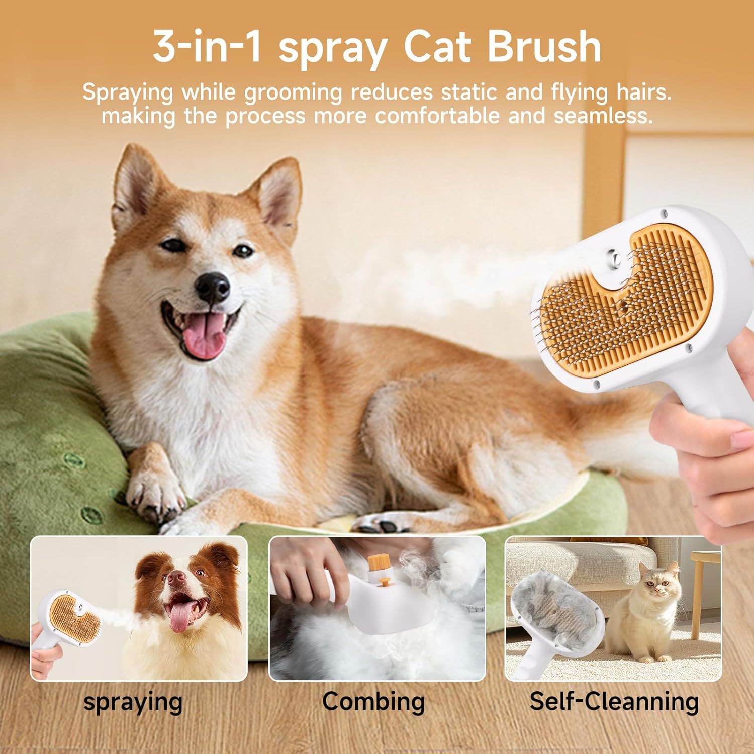Universal Pet Steam Brush For Cat And Dog, 3-in-1 Spray Hair Removal Comb
