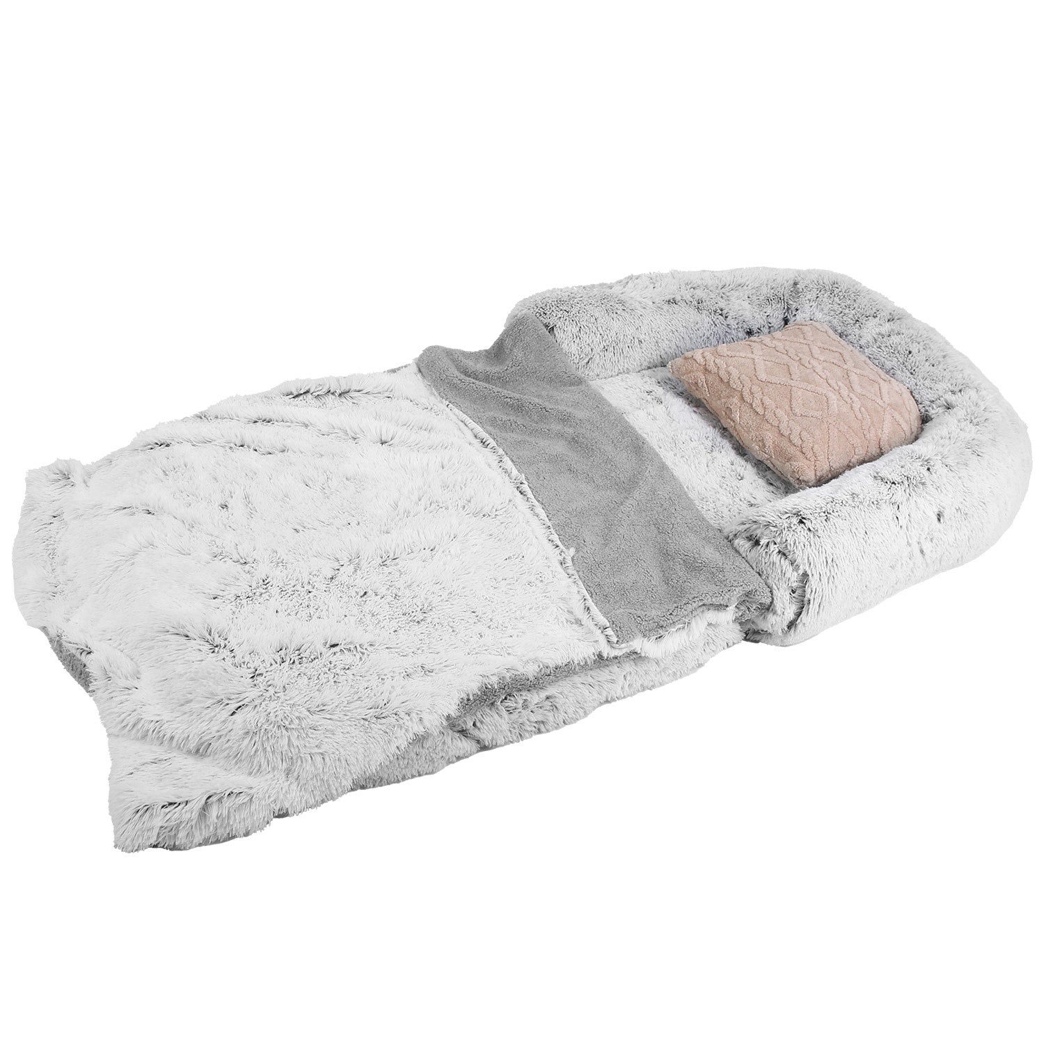Large foldable human-size plush dog bed with pillow, blanket, washable removable cover, grey
