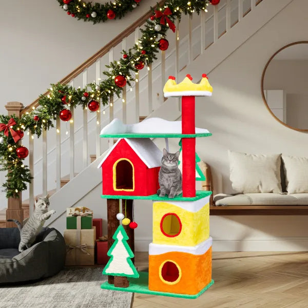 56in Christmas plush cat tree with condos, crown perch, ramp and scratching posts