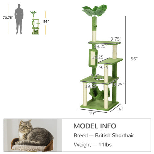 Green Cat Tree with Hammock, Scratching Posts, Platforms, and Play Ball