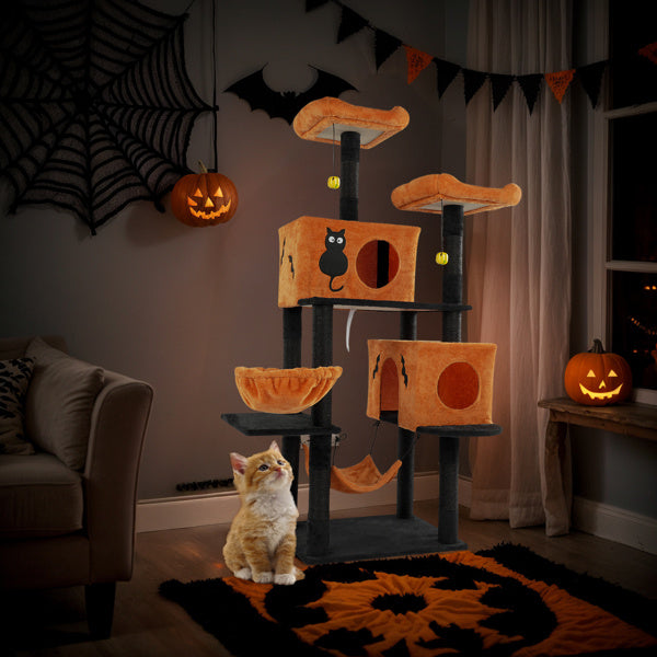 Large Halloween Cat Tower with Perches, Hammocks, and Scratching Posts