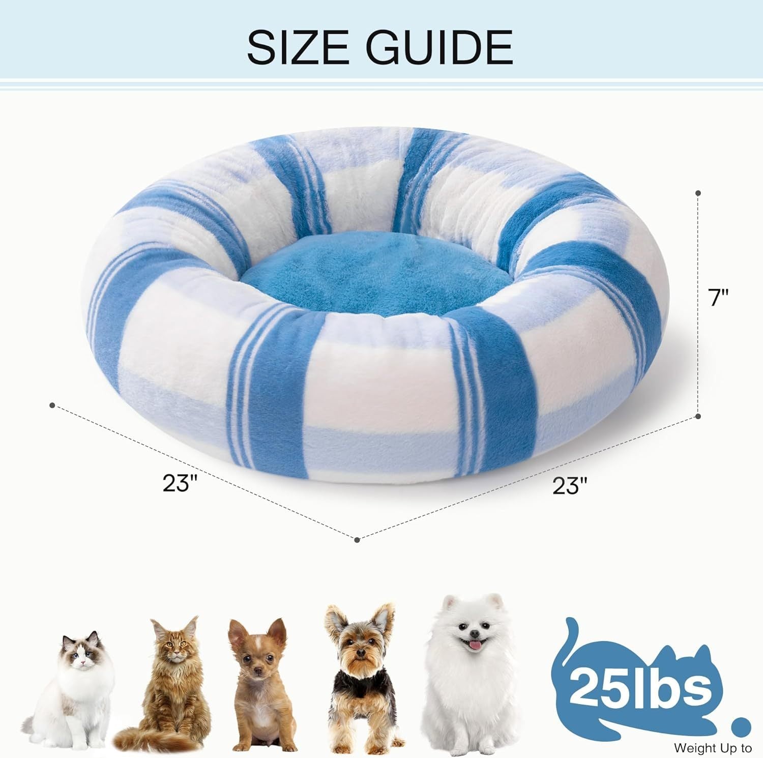 Round Dog Cat Washable Bed With Non-Slip Bottom, Soft Fluffy Bed For Puppy & Kitten, 23 Inch