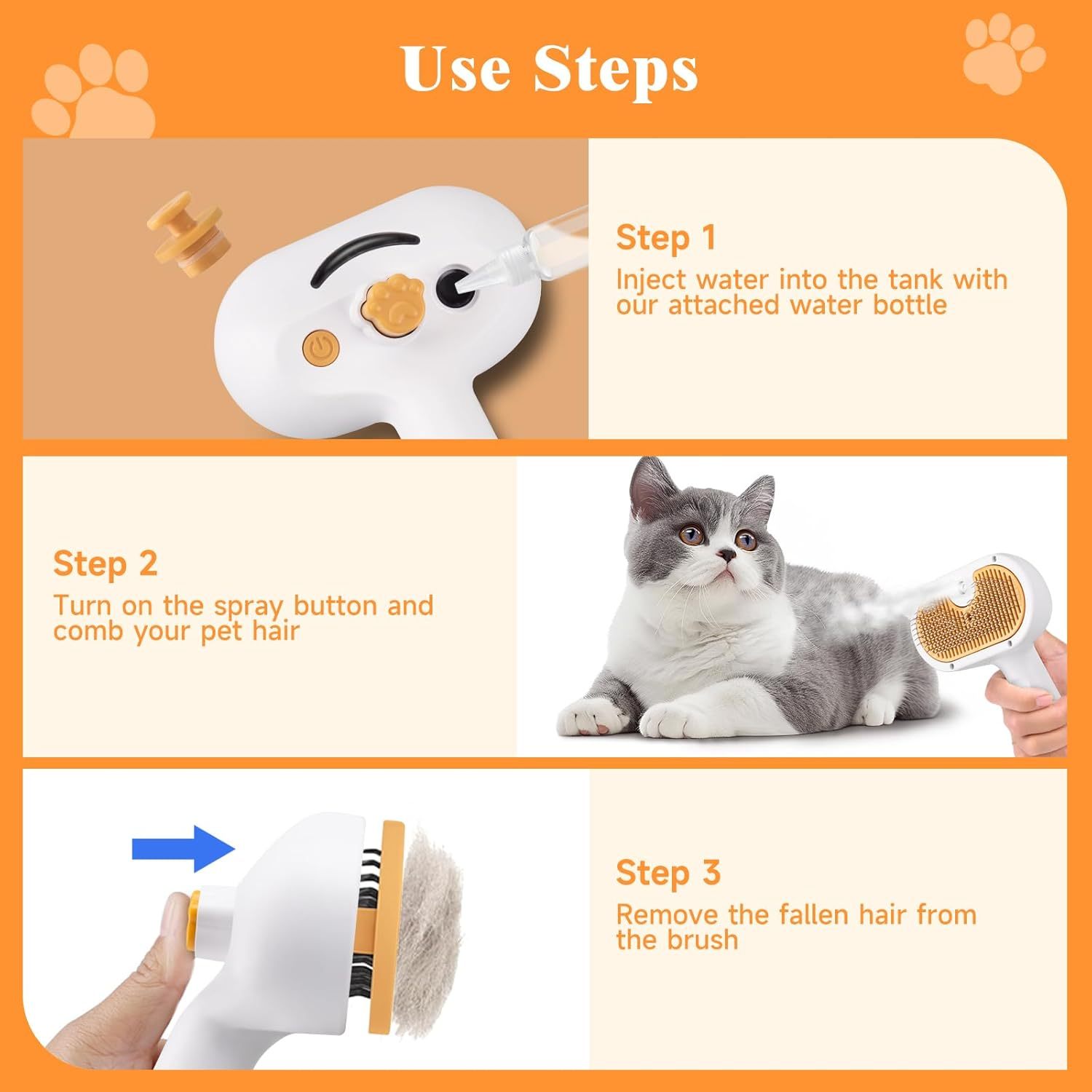Universal Pet Steam Brush For Cat And Dog, 3-in-1 Spray Hair Removal Comb