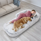 Large foldable human-size plush dog bed with pillow, blanket, washable removable cover, grey