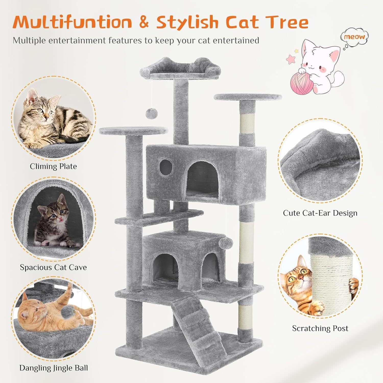 54 -Cat Tree Tower - Multi-level With Sisal Grab Post, Indoor Apartment With Ladder, Plush Toys, Rest And Play