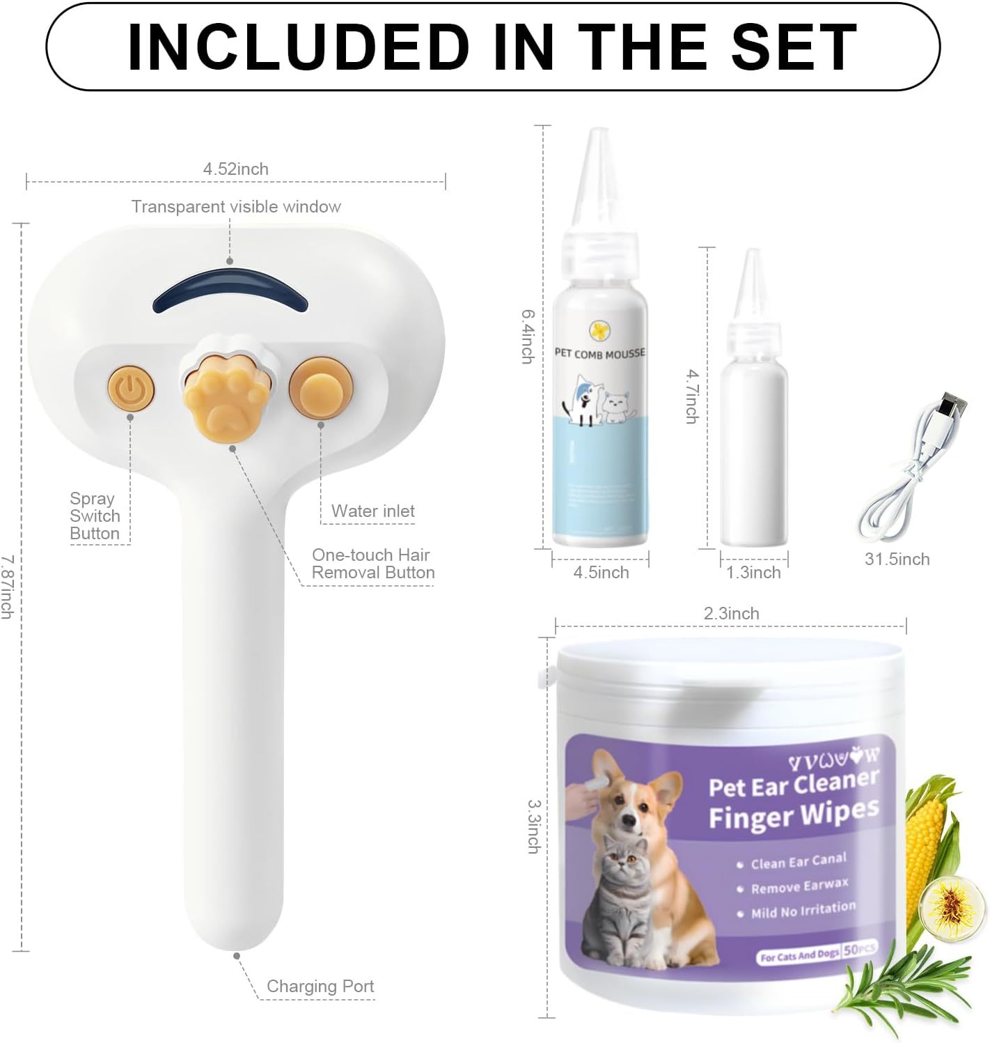 Universal Pet Steam Brush For Cat And Dog, 3-in-1 Spray Hair Removal Comb