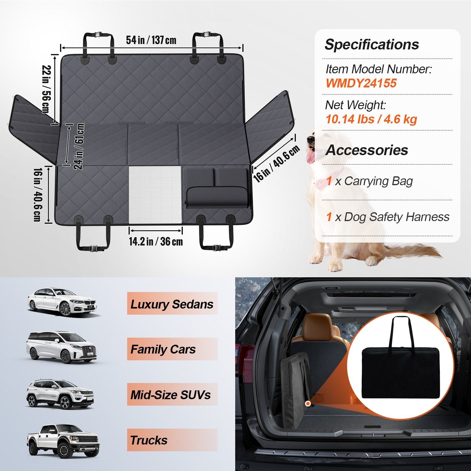 54 X 24 In 600D Waterproof Dog Car Seat Cover For Back