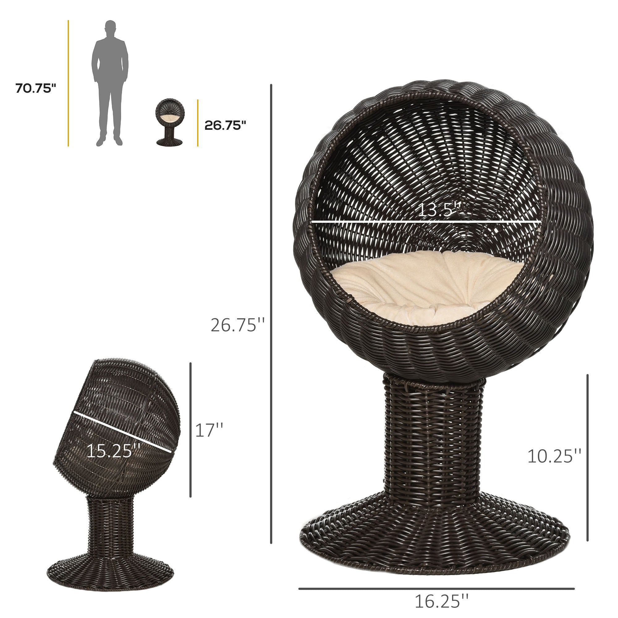 27 Elevated Cat Bed Rotatable Egg Chair Pod Thick Cushion Natural Mat Grass Woven Coffee