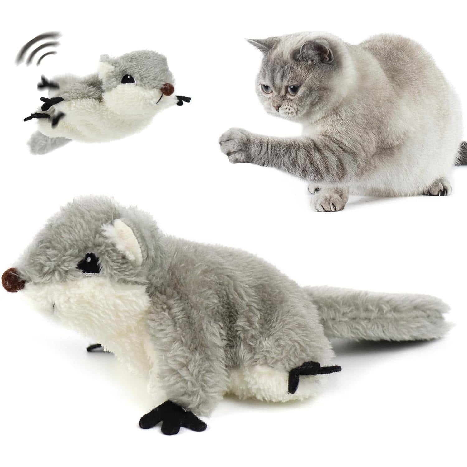Rechargeable touch-activated flapping squirrel cat toy with catnip, interactive kicker plush for indoor cats