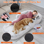 Large foldable human-size plush dog bed with pillow, blanket, washable removable cover, grey