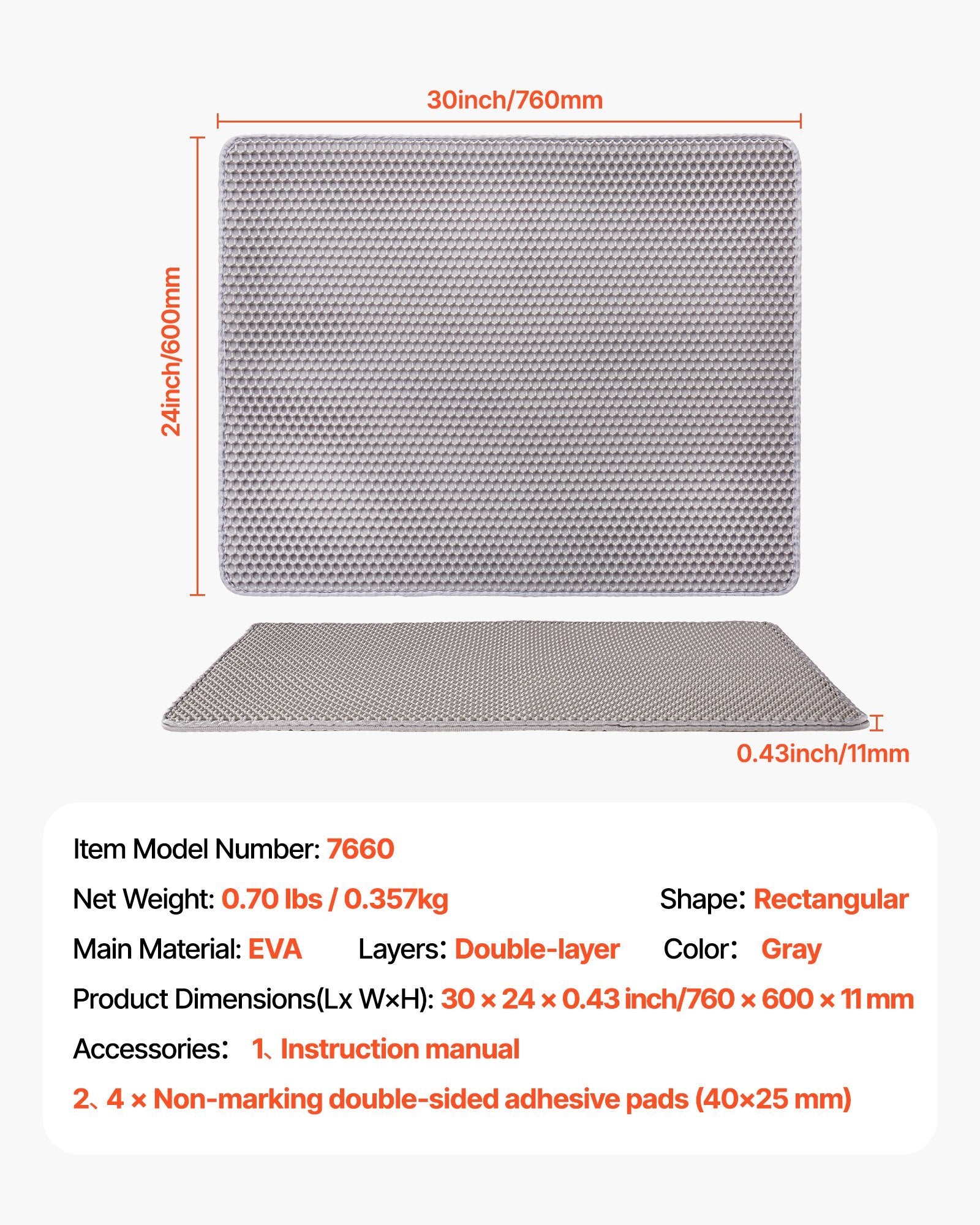 Cat Litter Trapping Mat 30 X 24 In Double Layer Honeycomb Non-Slip & Urine-Proof