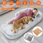 Large foldable human-size plush dog bed with pillow, blanket, washable removable cover, grey