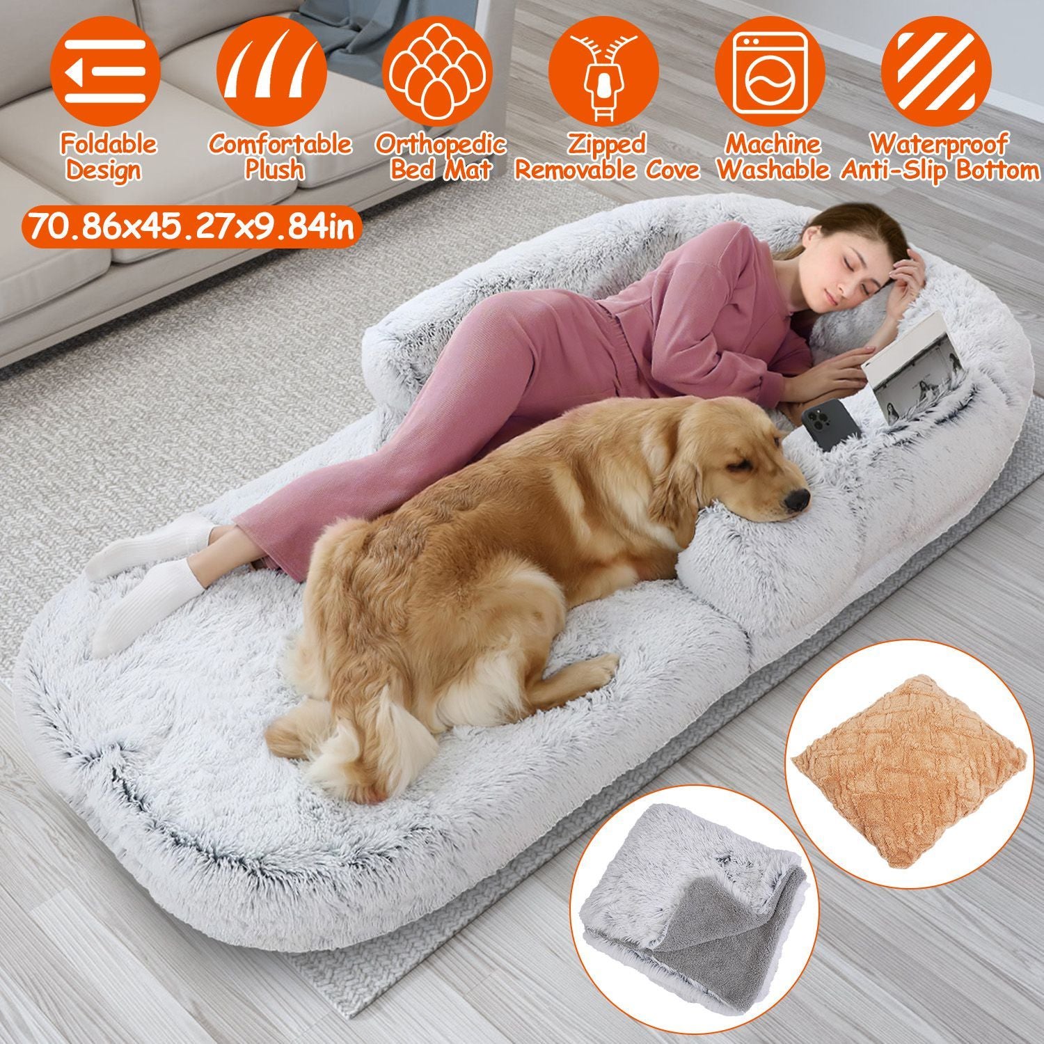 Large foldable human-size plush dog bed with pillow, blanket, washable removable cover, grey