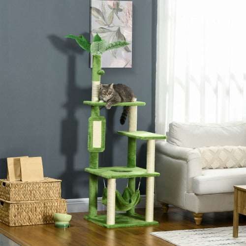 Green Cat Tree with Hammock, Scratching Posts, Platforms, and Play Ball
