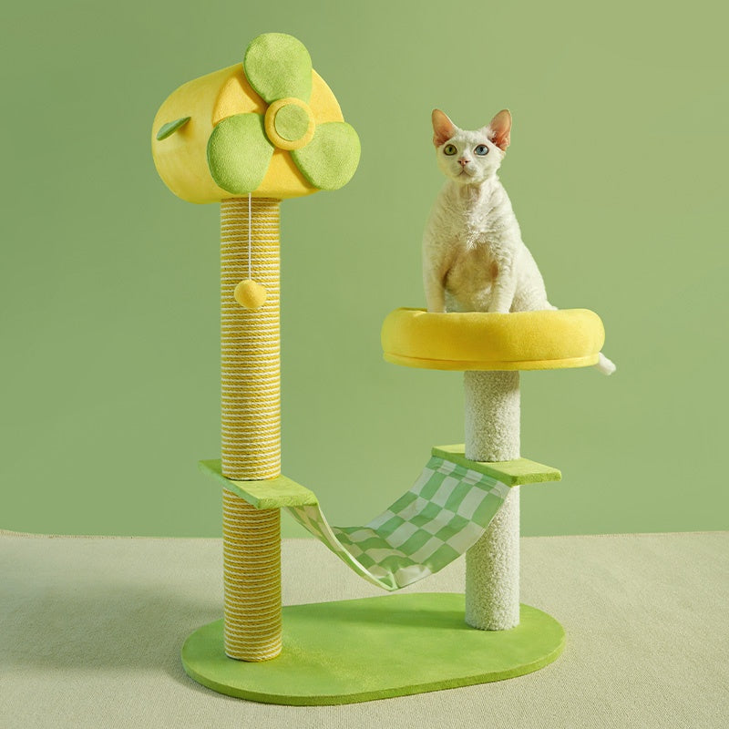 Cat climbing frame with durable scratch posts, plush platforms, hammocks, toys, and removable gel pads
