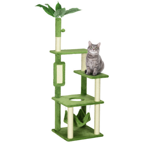 Green Cat Tree with Hammock, Scratching Posts, Platforms, and Play Ball
