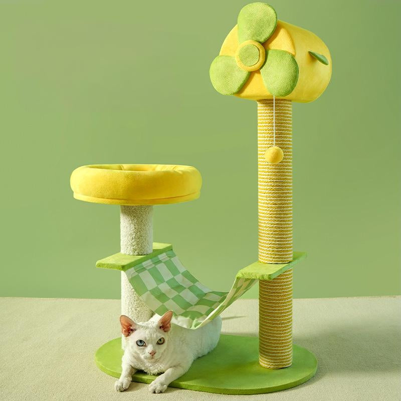 Cat climbing frame with durable scratch posts, plush platforms, hammocks, toys, and removable gel pads