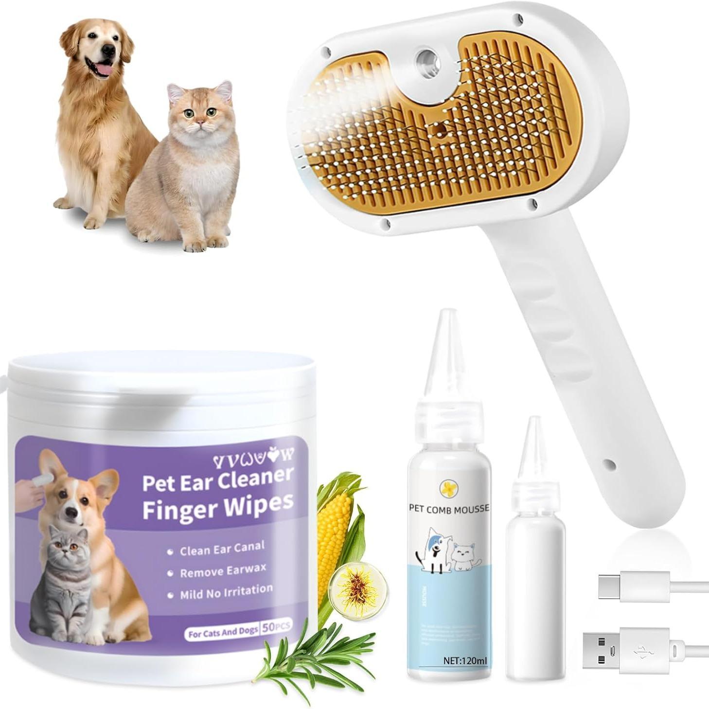 Universal Pet Steam Brush For Cat And Dog, 3-in-1 Spray Hair Removal Comb