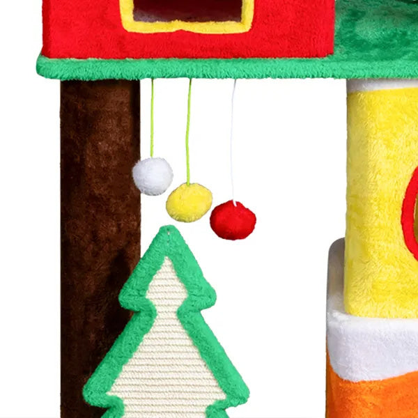56in Christmas plush cat tree with condos, crown perch, ramp and scratching posts