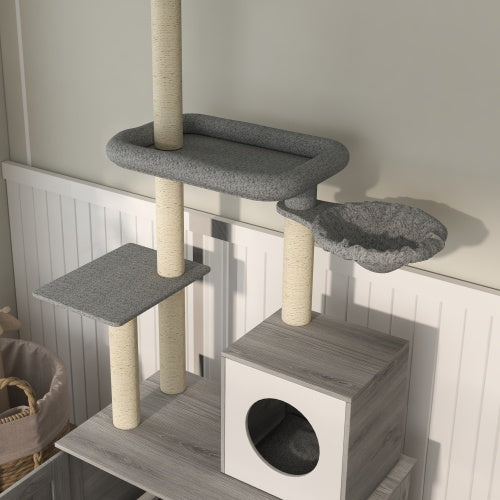 2 In 1 Floor To Ceiling Cat Tower Litter Box Furniture With Condo, Bed, Hammock, Scratching Posts, And Platforms For Indoor Use