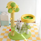 Cat climbing frame with durable scratch posts, plush platforms, hammocks, toys, and removable gel pads
